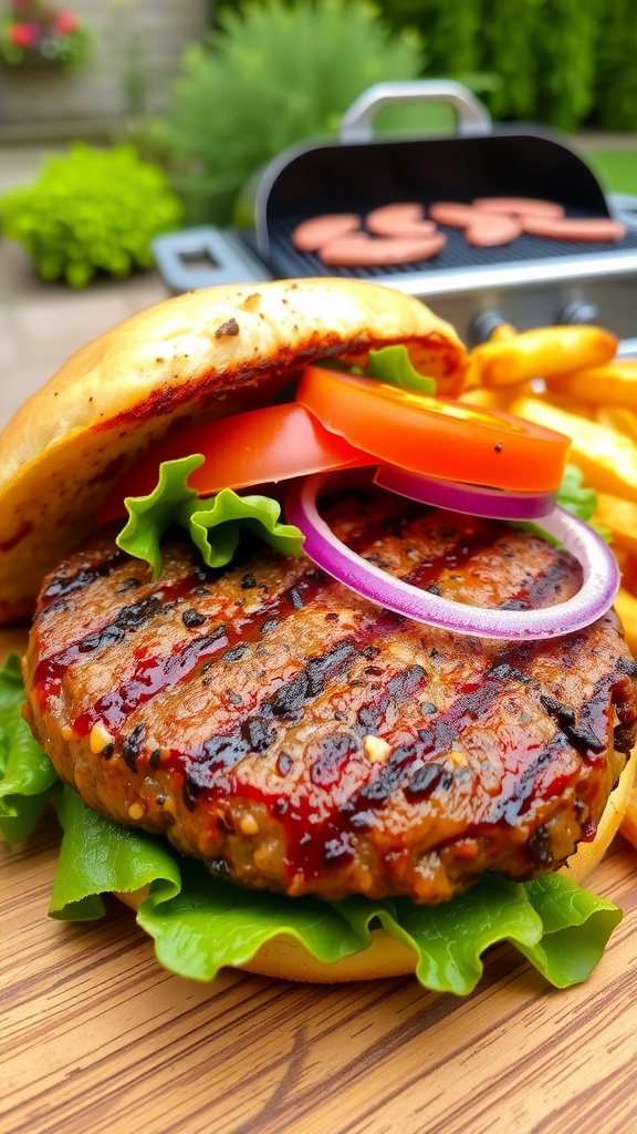 A juicy grilled burger on a bun with lettuce, tomato, and onion, served with fries in a summer cookout setting.